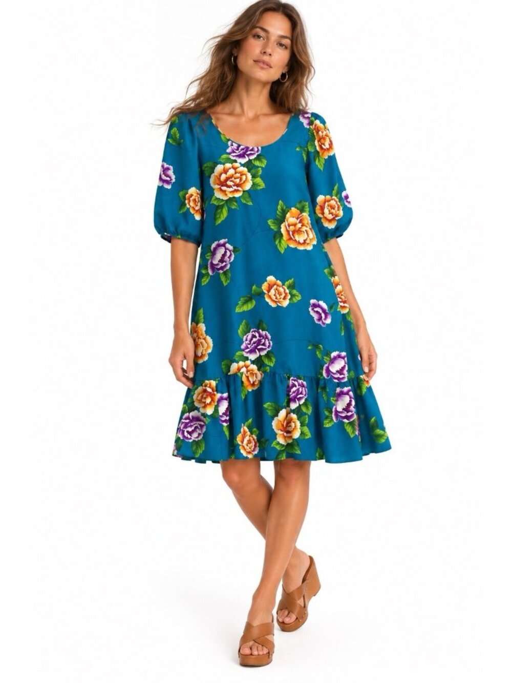 vintage 70s HILO HATTIE dress muumuu kaftan blue floral LARGE made in hawaii
